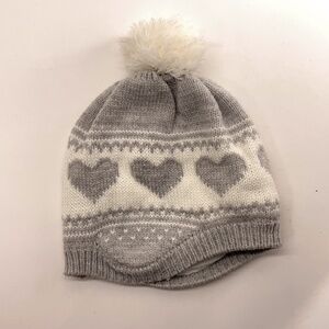 Carters 12-24 months Gray White Heart Pattern Winter Ear Flap Pom Pom Hat
